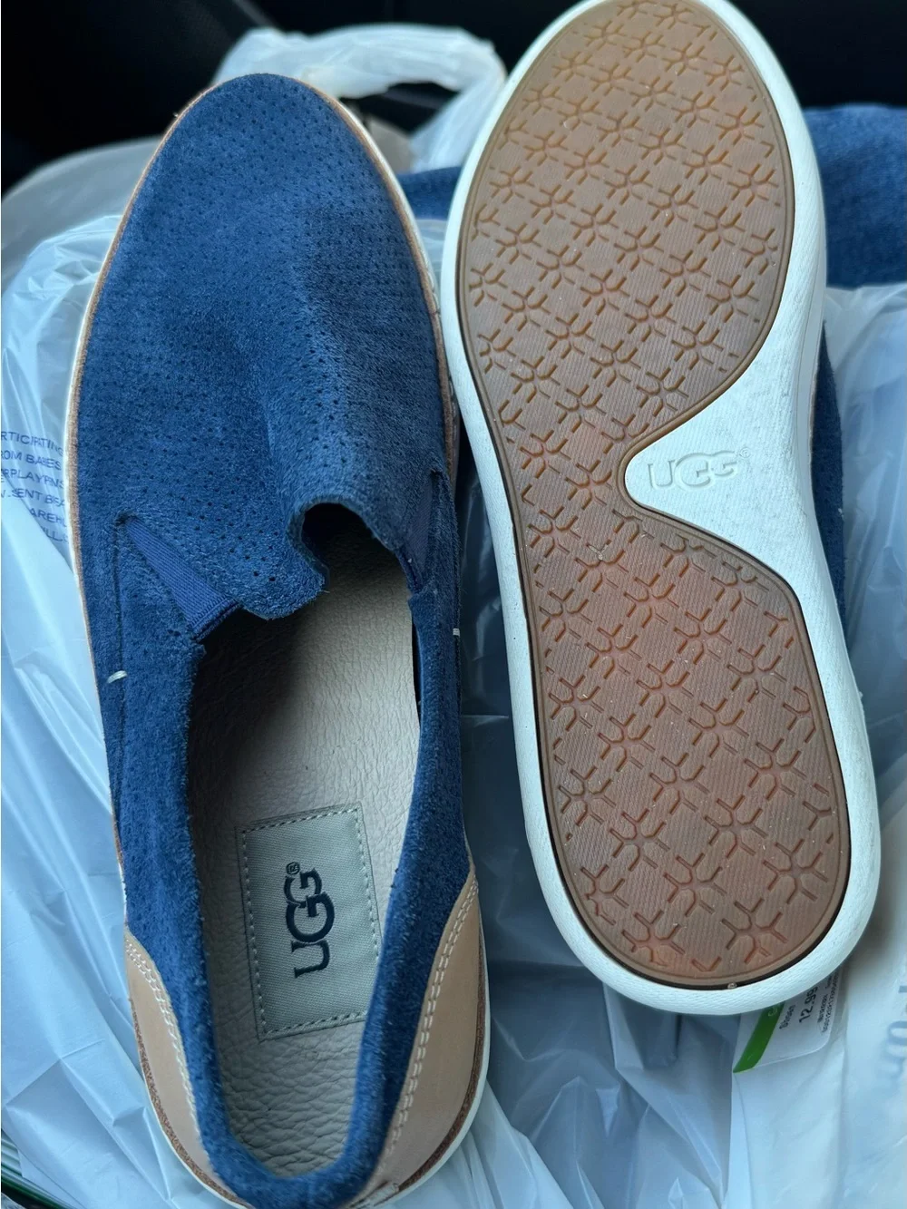 UGG Navy Suede Slip-On Loafers with Tan and White Sole